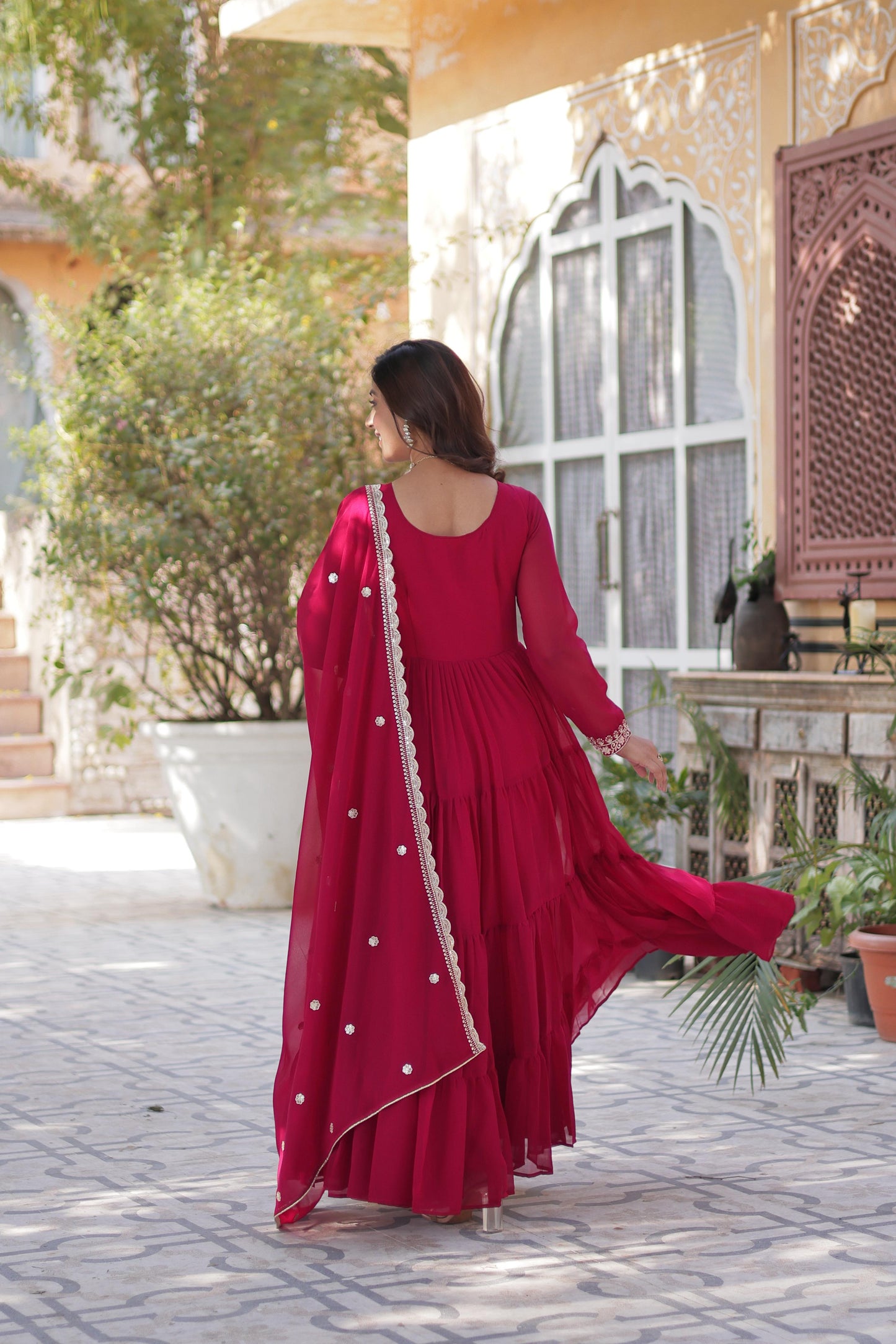 Stunning Pink Color Faux Blooming Georgette With Attractive Embroidered Pearl Work Designer Gown