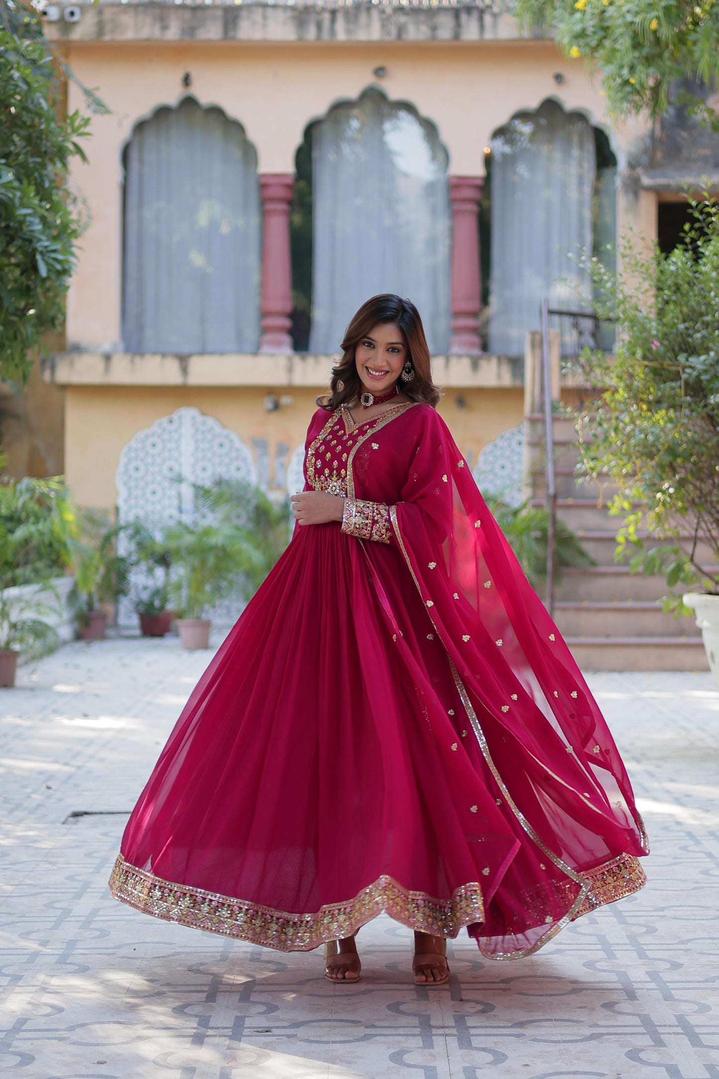 Attractive Pink Color Faux Blooming Georgette With Rich Sequins Embroidered Work Designer Gown