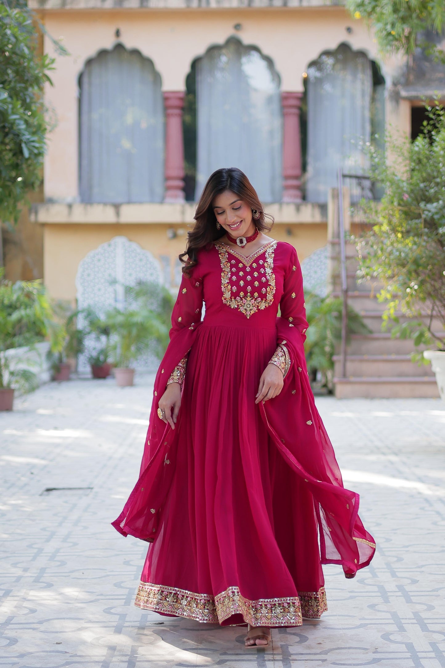 Attractive Pink Color Faux Blooming Georgette With Rich Sequins Embroidered Work Designer Gown