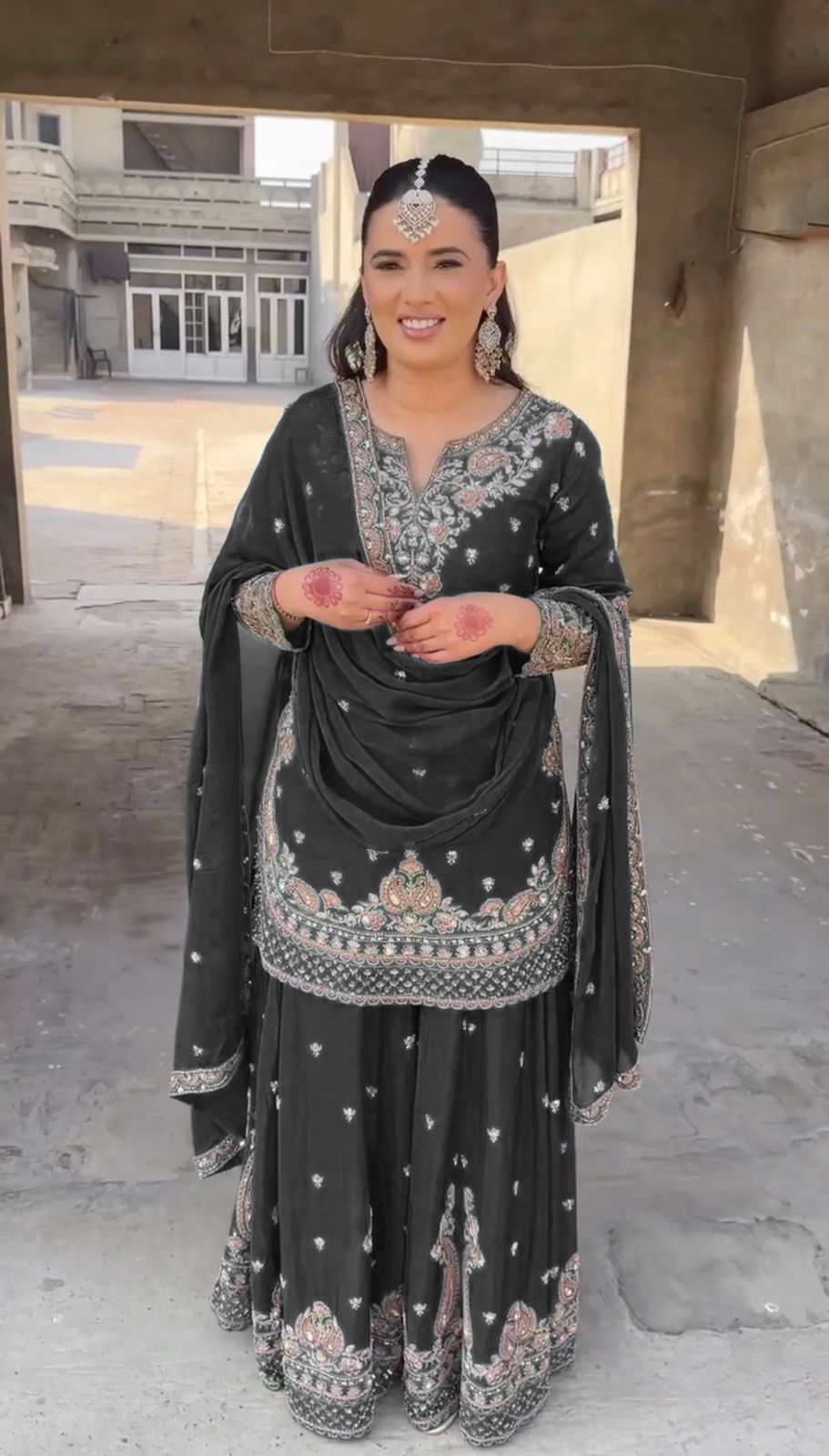 Stunning Black Color Chinon Silk And Thread With Sequence Work Palazzo Suit