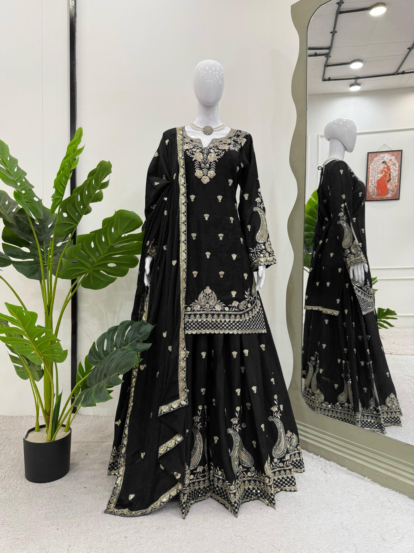 Stunning Black Color Chinon Silk And Thread With Sequence Work Palazzo Suit