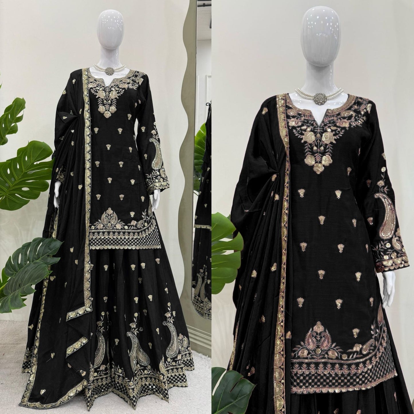 Stunning Black Color Chinon Silk And Thread With Sequence Work Palazzo Suit