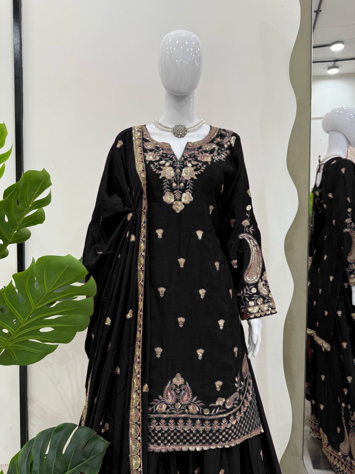 Stunning Black Color Chinon Silk And Thread With Sequence Work Palazzo Suit