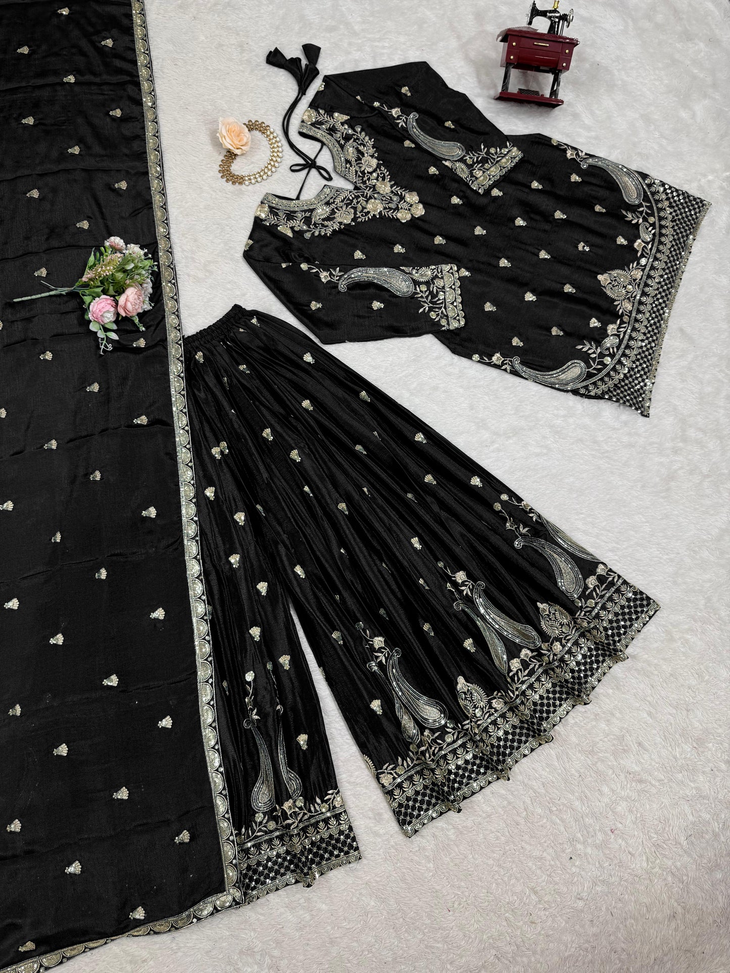 Stunning Black Color Chinon Silk And Thread With Sequence Work Palazzo Suit