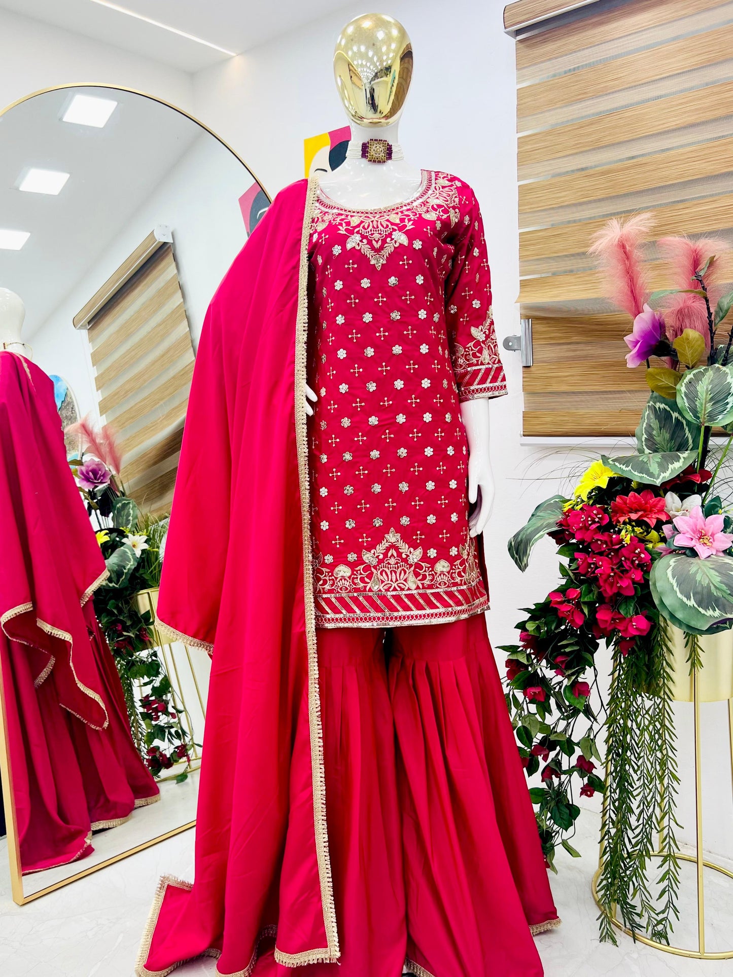 Occasion Wear Pink Color Embroidery With Sequin Work Beautiful Sharara Suit