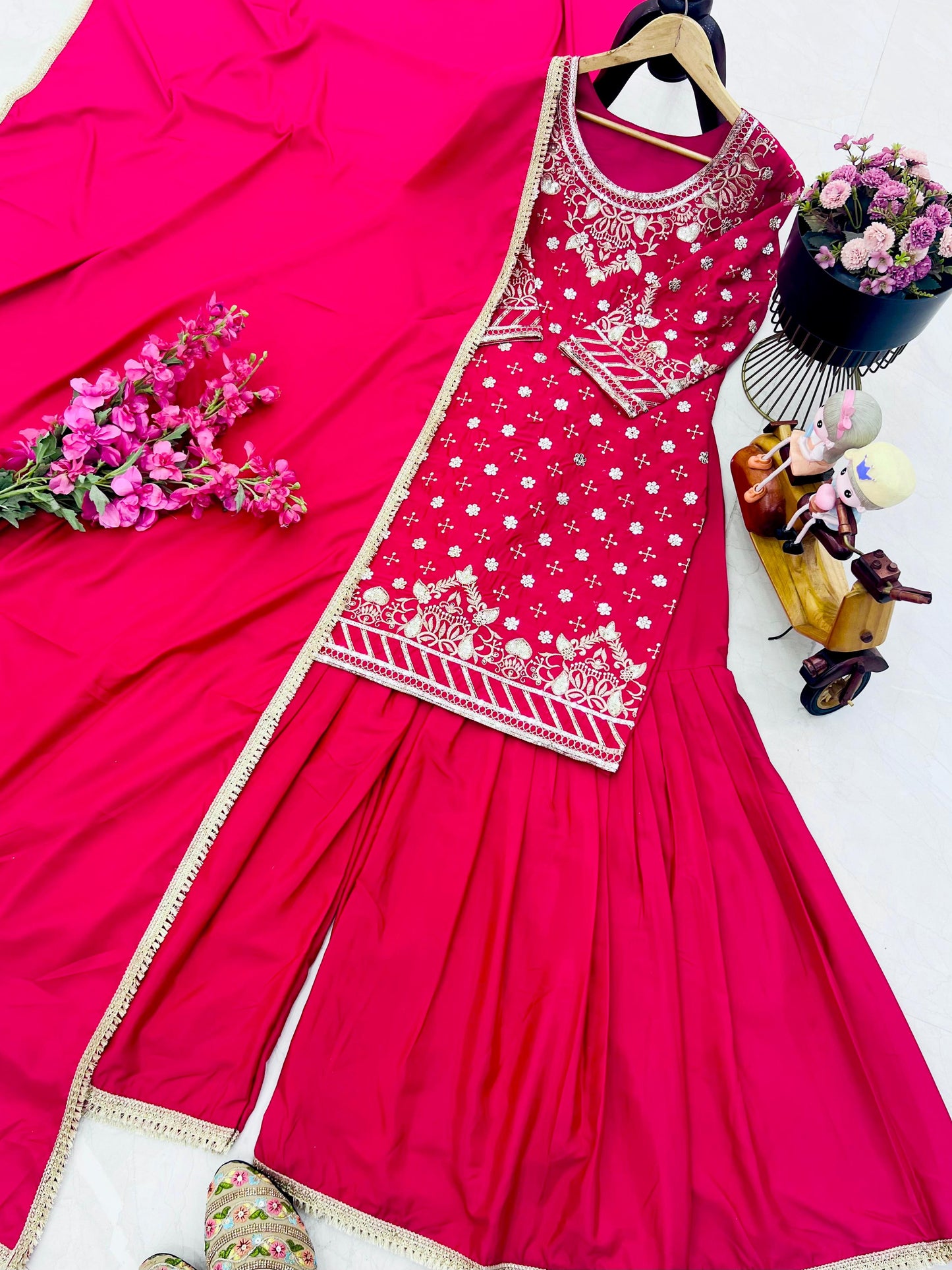 Occasion Wear Pink Color Embroidery With Sequin Work Beautiful Sharara Suit