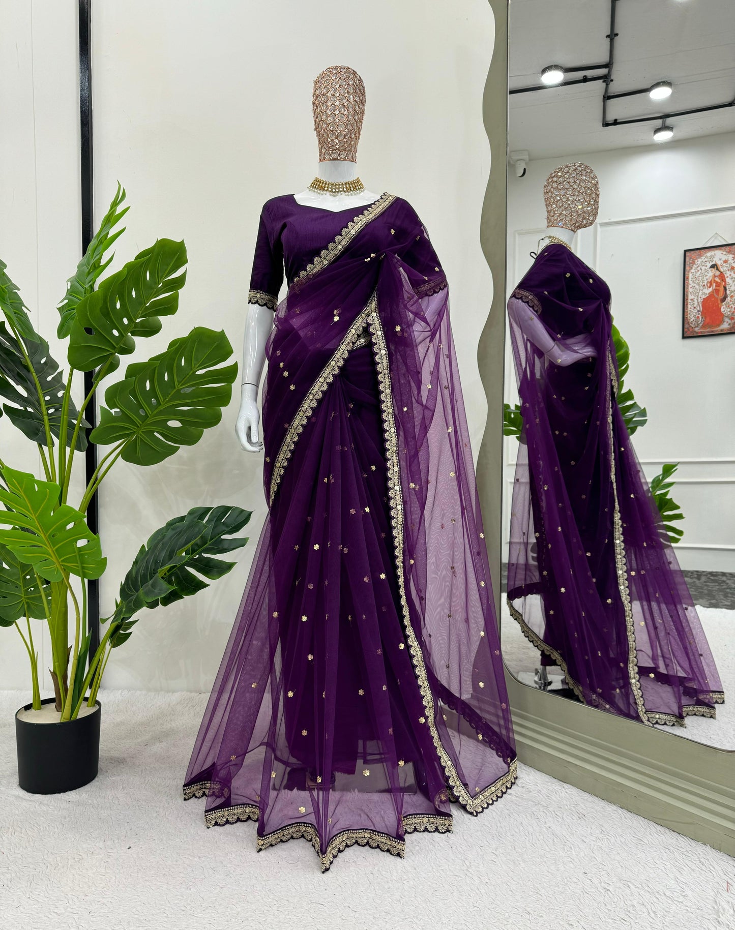 Party Wear Purple Color Soft Net Codding With Sequence Work Designer Saree