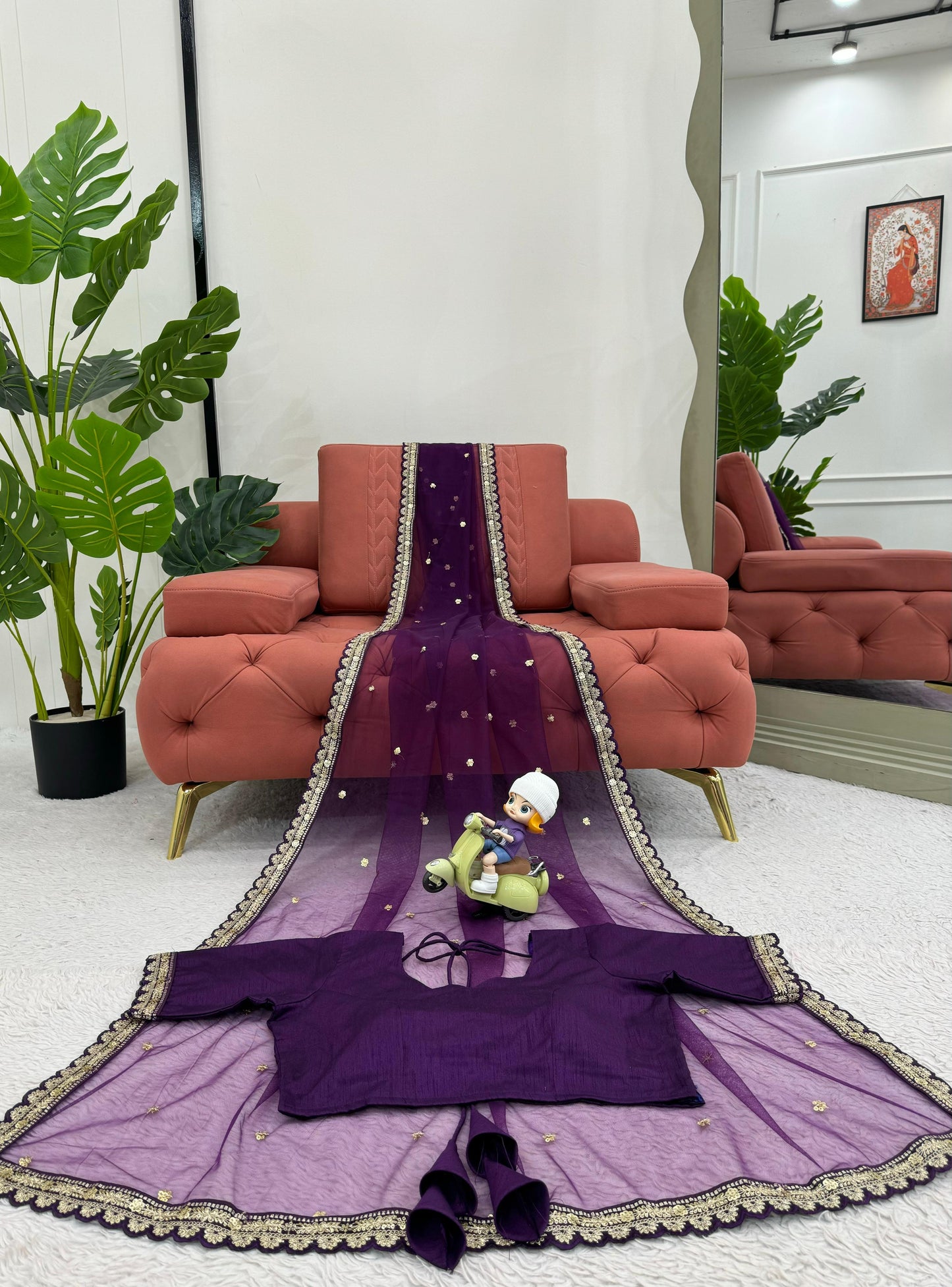 Party Wear Purple Color Soft Net Codding With Sequence Work Designer Saree