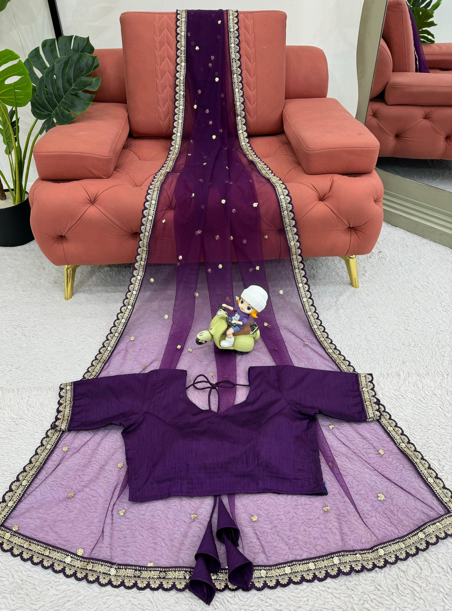 Party Wear Purple Color Soft Net Codding With Sequence Work Designer Saree