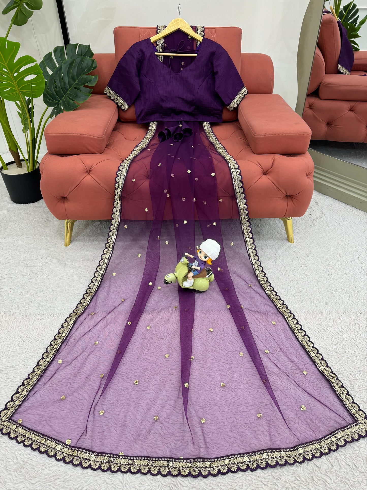 Party Wear Purple Color Soft Net Codding With Sequence Work Designer Saree