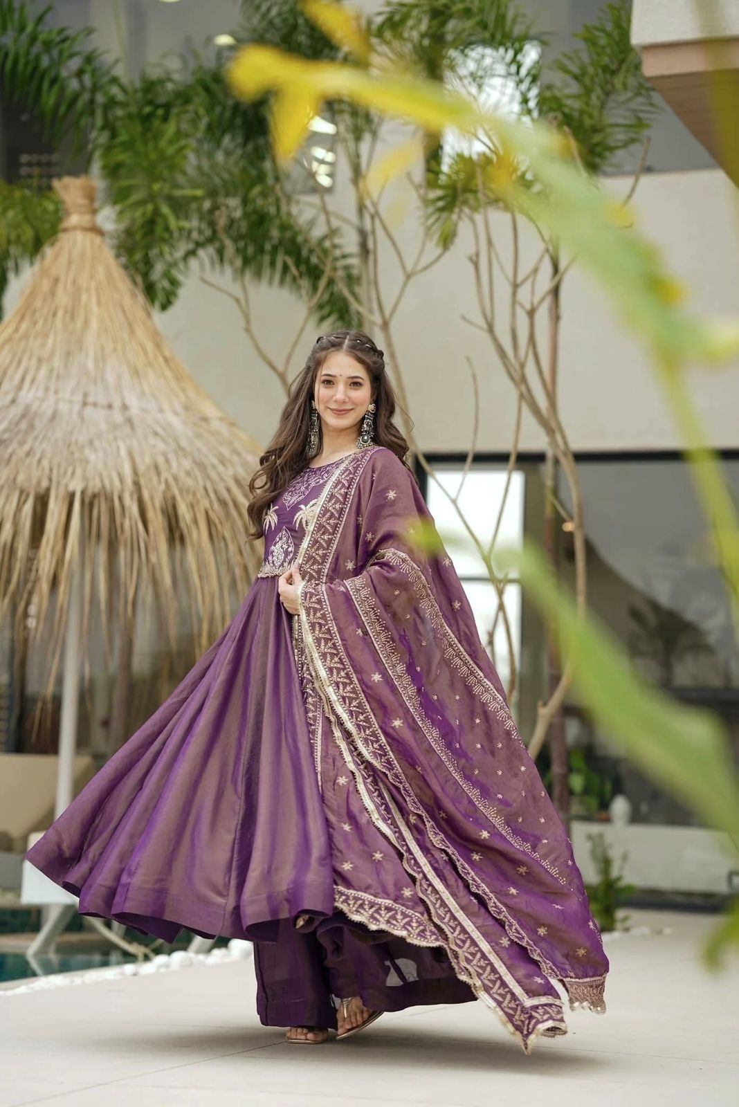 Engagement Wear Lavender Color Gold Crash With Heavy Embroidery Sequence Work With Fully Flair Designer Gown