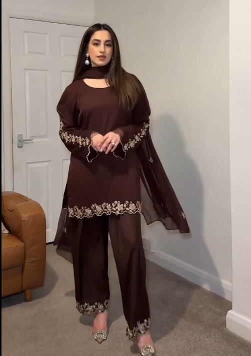 Festive Wear Brown Color Heavy Faux Georgette With Embroidery Work Palazzo Suit