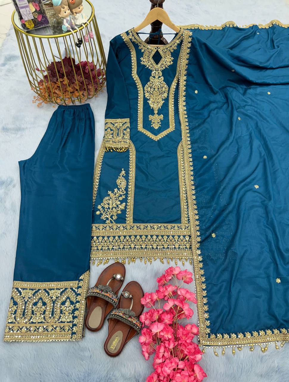 Innovative Teal Blue Color With Work Salwar Suit
