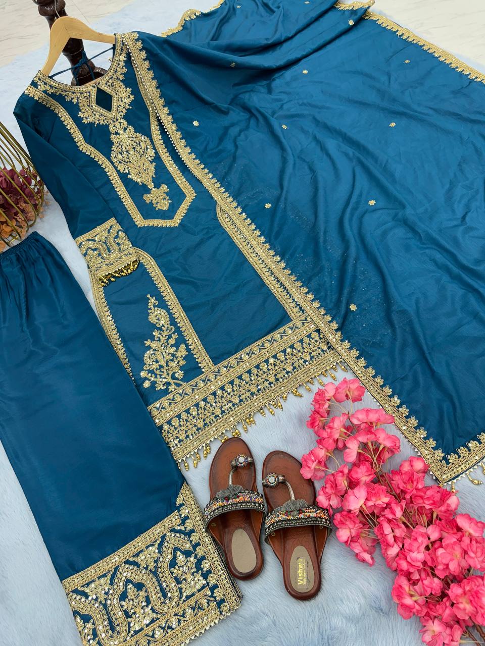 Innovative Teal Blue Color With Work Salwar Suit
