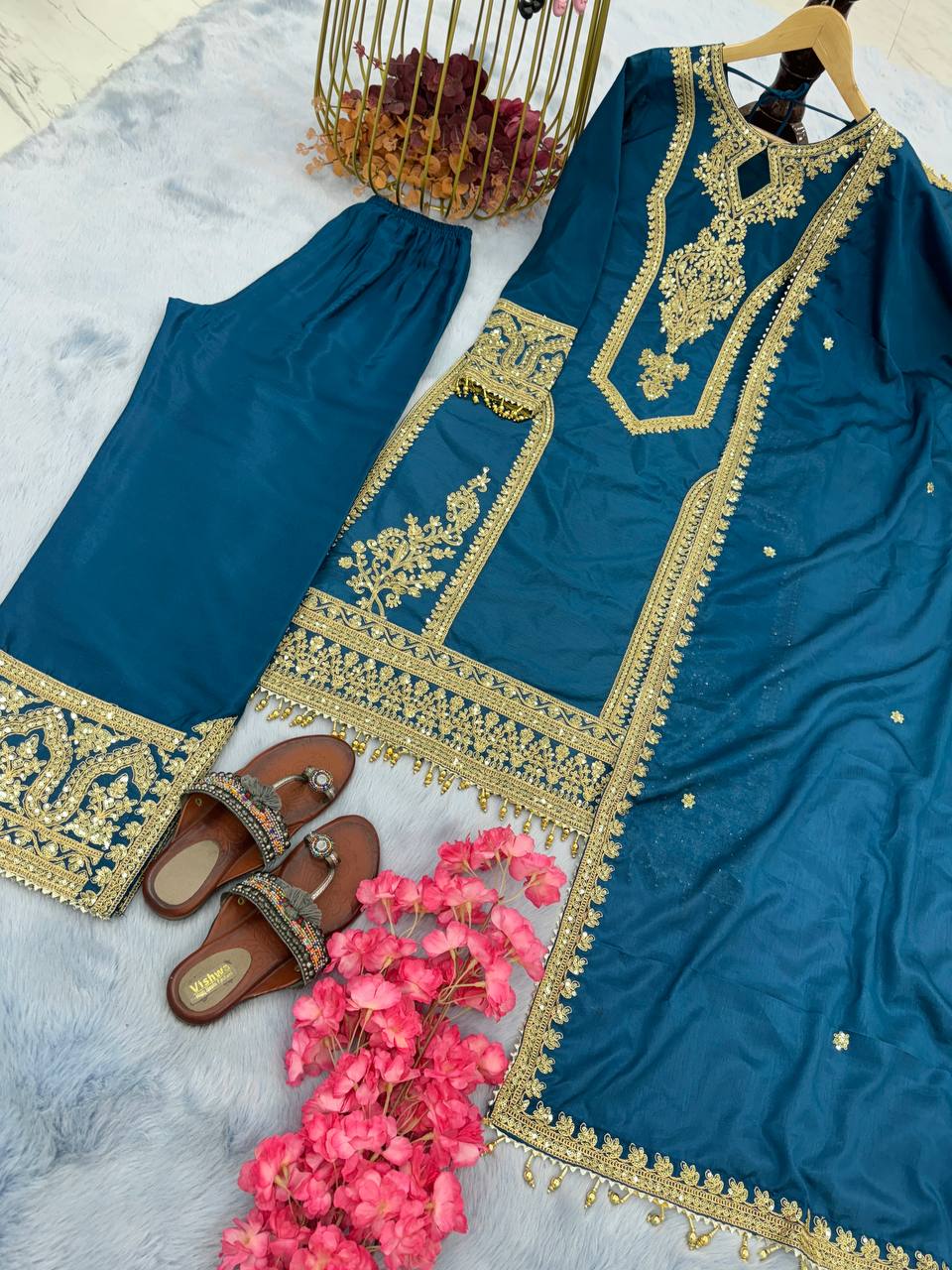 Innovative Teal Blue Color With Work Salwar Suit