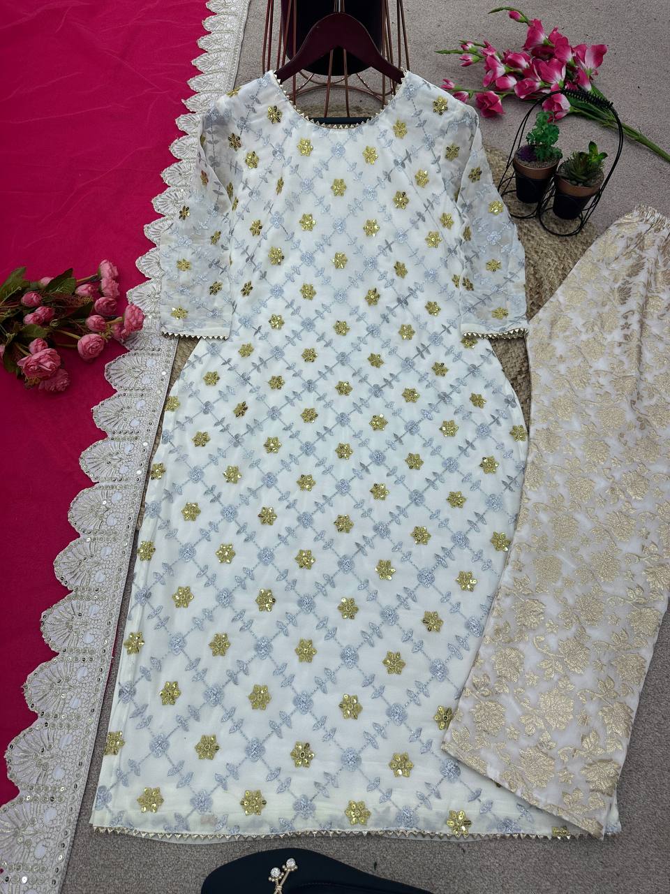 White Color Embroidered Salwar Suit With Pink Dupatta