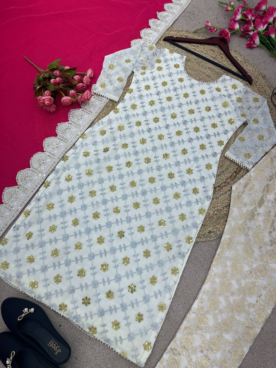 White Color Embroidered Salwar Suit With Pink Dupatta