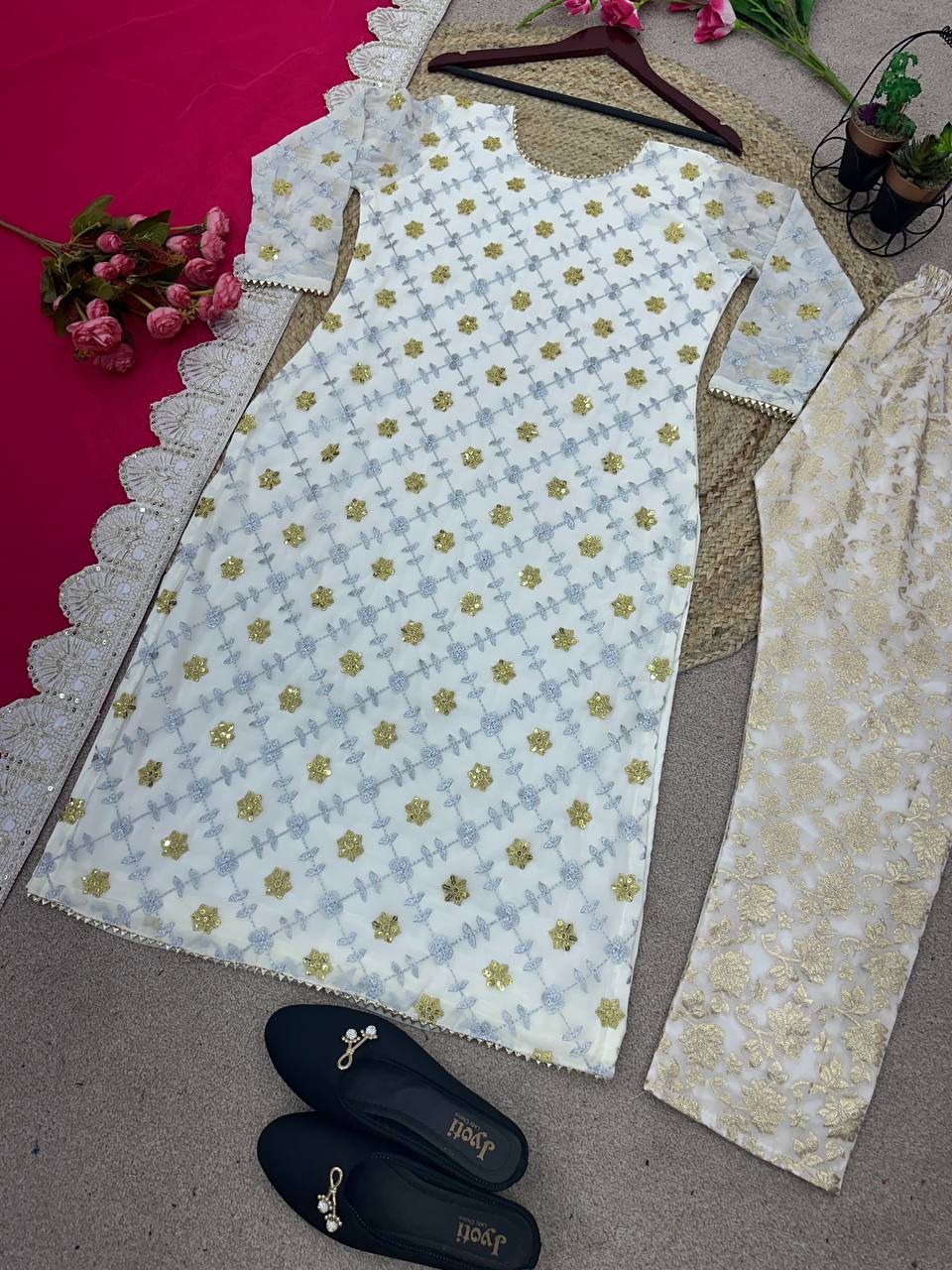 White Color Embroidered Salwar Suit With Pink Dupatta
