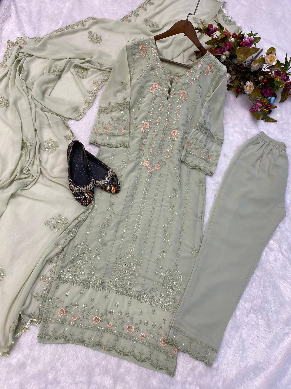 Gorgeous Thread Work Pista Green Color Salwar Suit