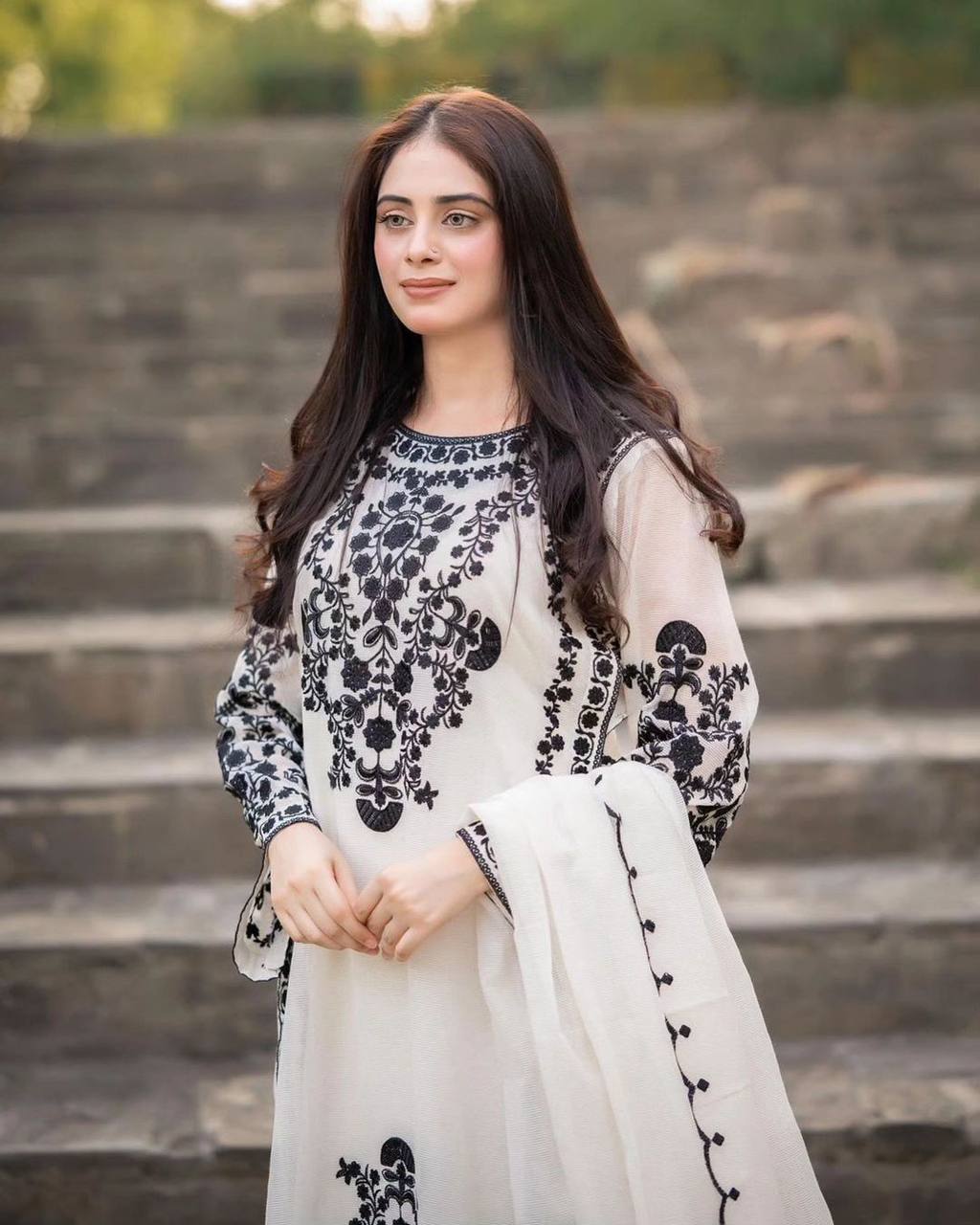 Marvelous White Color Thread Work Salwar Suit