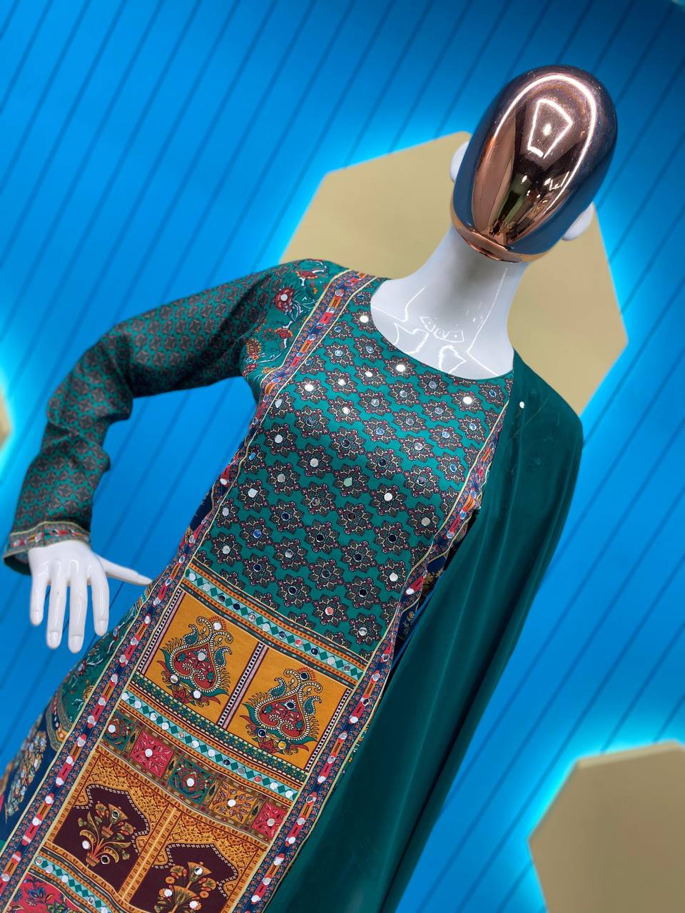 Attractive Green Color Multi Mirror Work Salwar Suit