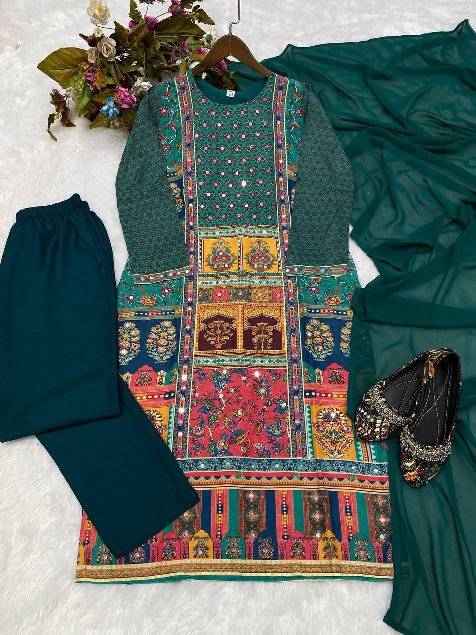 Attractive Green Color Multi Mirror Work Salwar Suit