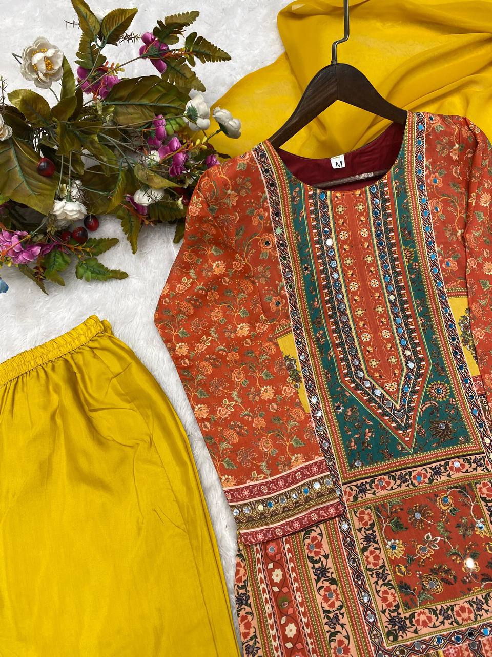 Attractive Yellow Color Multi Mirror Work Salwar Suit