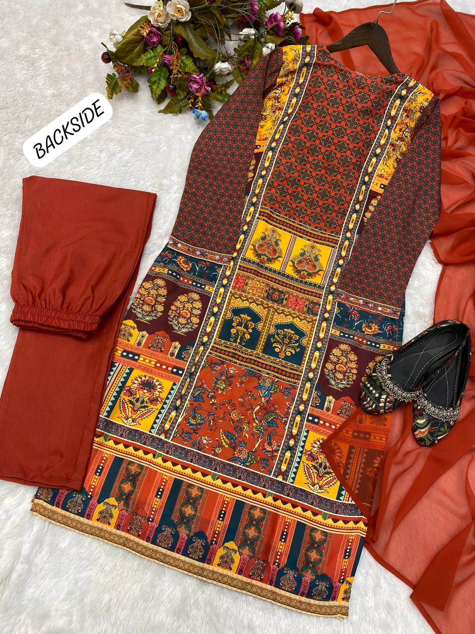 Attractive Red Color Multi Mirror Work Salwar Suit