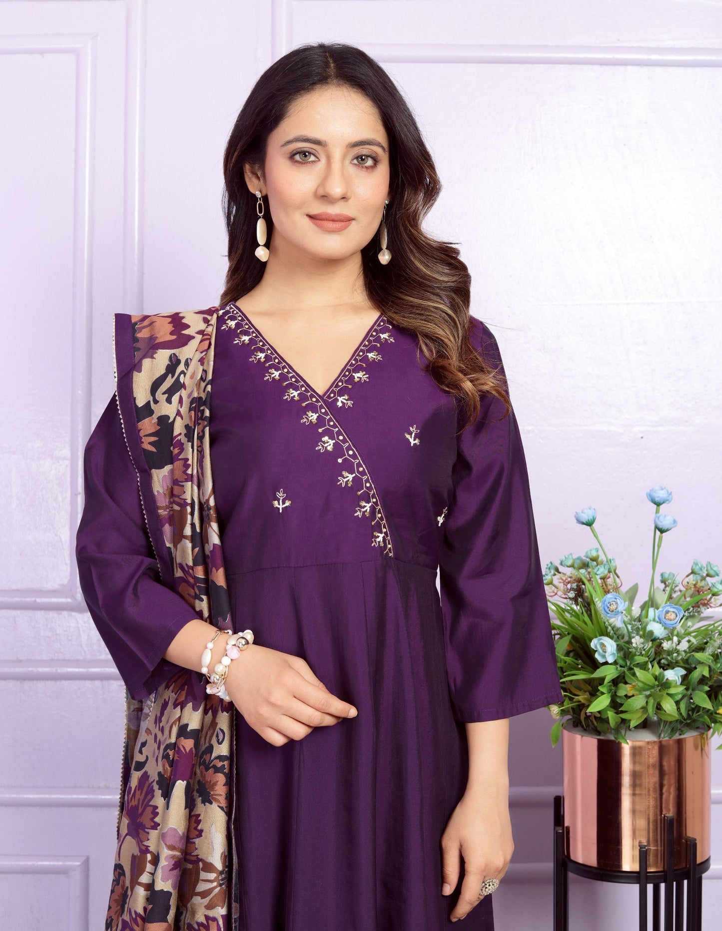 Angrakha Neck Wine Color Kurta Pant With Dupatta