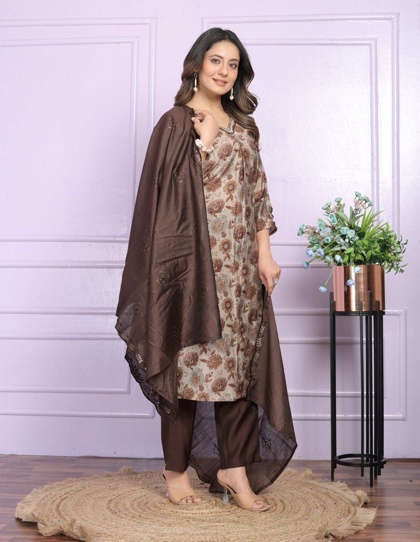 Luxuriant Brown Color V Neck Salwar Suit