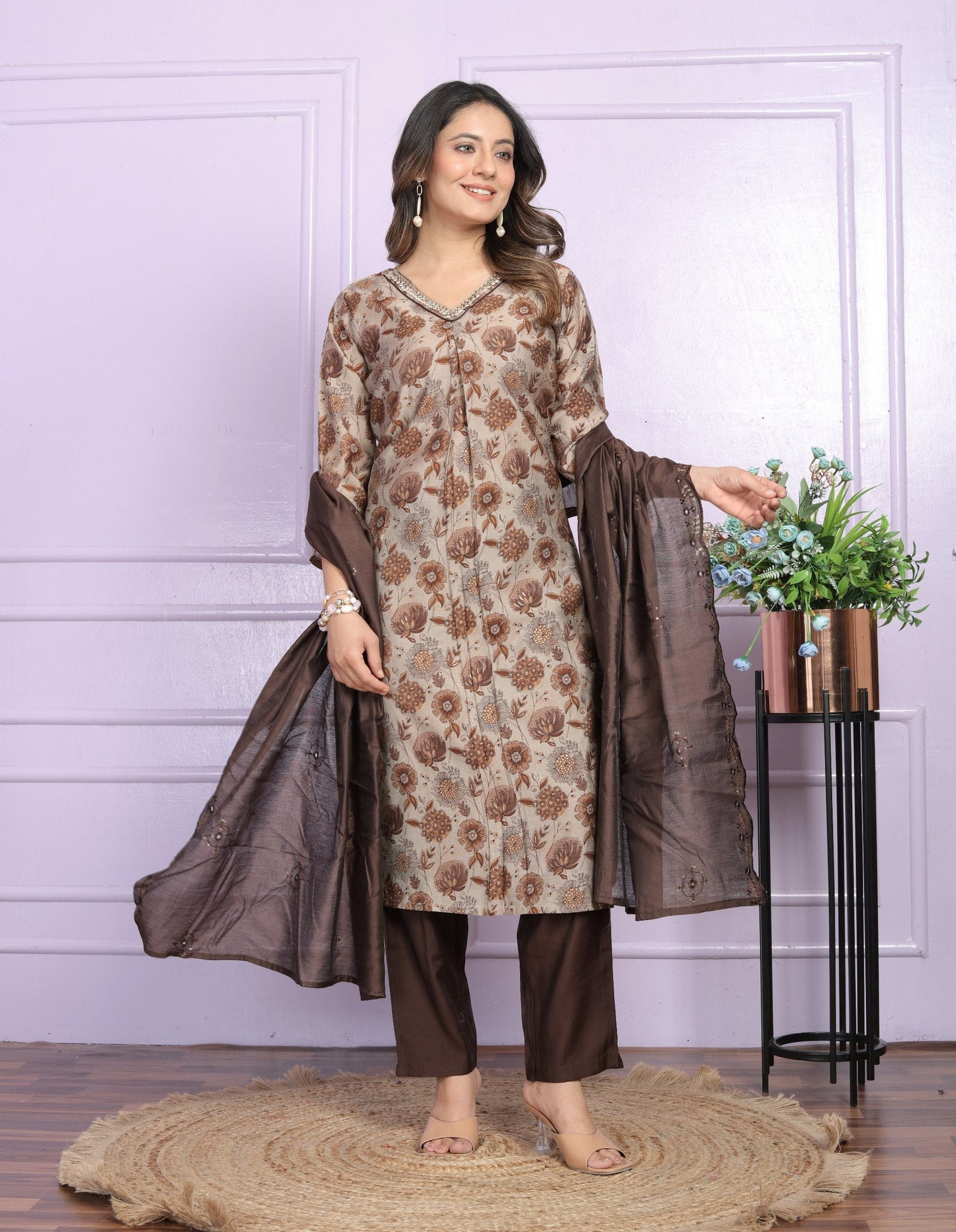 Luxuriant Brown Color V Neck Salwar Suit
