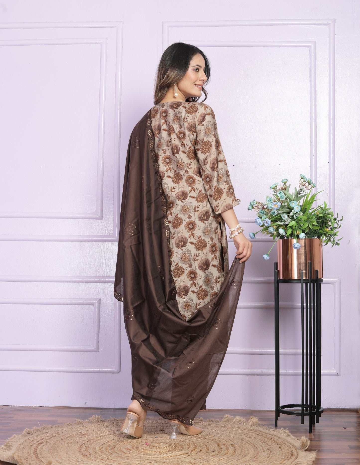 Luxuriant Brown Color V Neck Salwar Suit