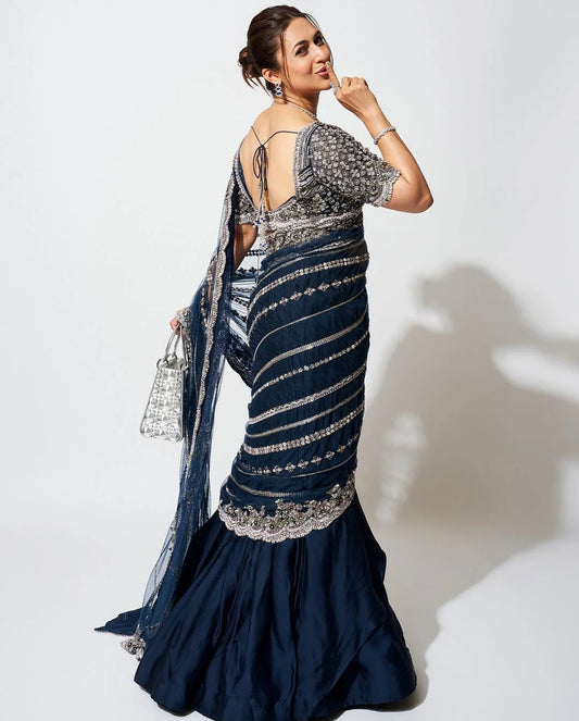 Beautiful Designer Blue Color Vichitra Ready To Wear Lehenga Saree