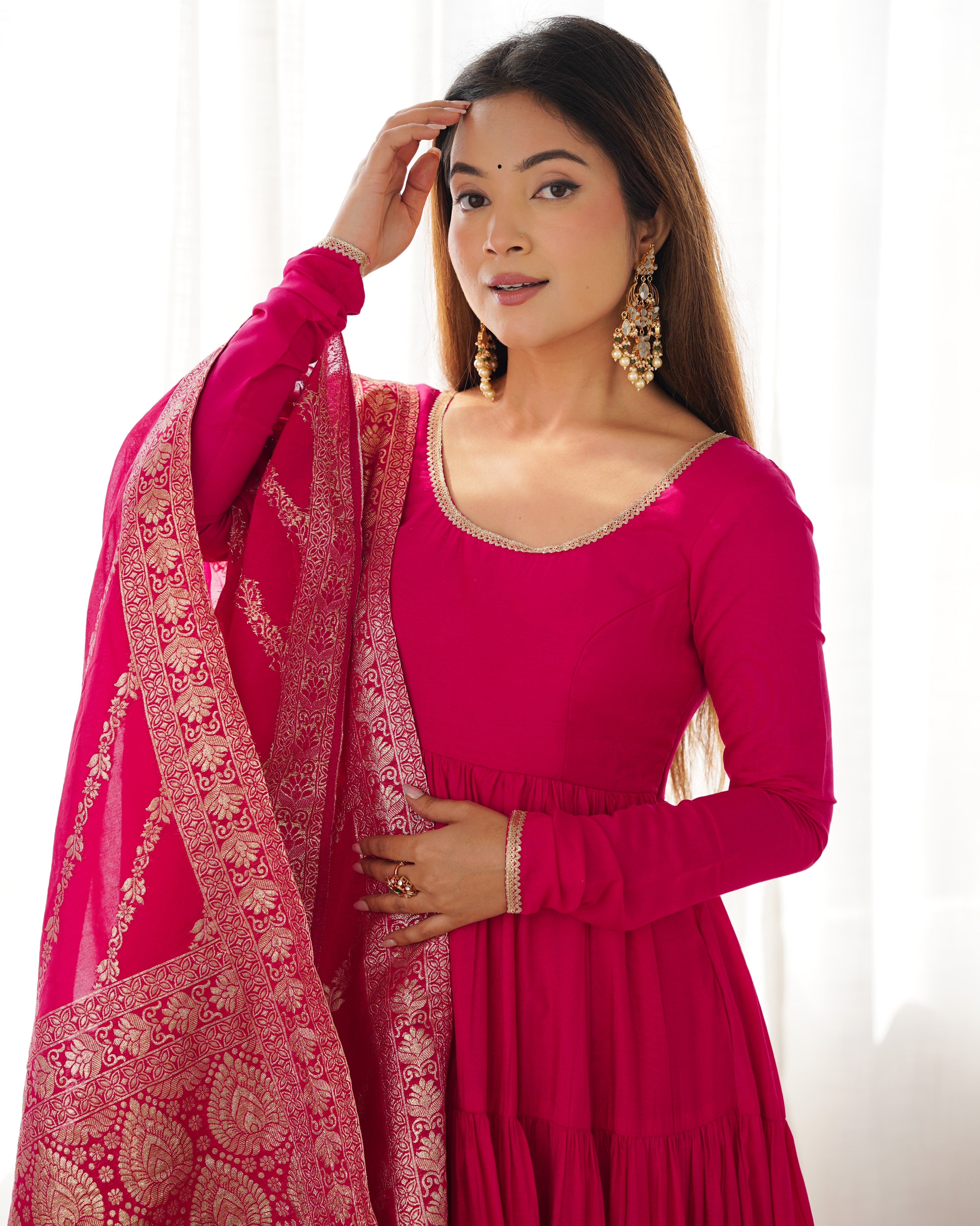 Presenting Pink Color Pure Roman Silk Chanderi Fabric Fully Flair Anarkali Gown With Dupatta