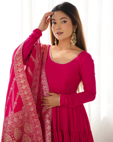 Presenting Pink Color Pure Roman Silk Chanderi Fabric Fully Flair Anarkali Gown With Dupatta