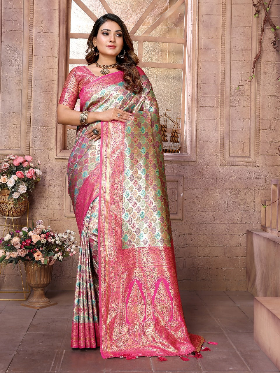 Beautiful Festival Wear Cream Color Zari Weaving Border And Weaving Rich Pallu Banarasi Chaturi Silk Saree