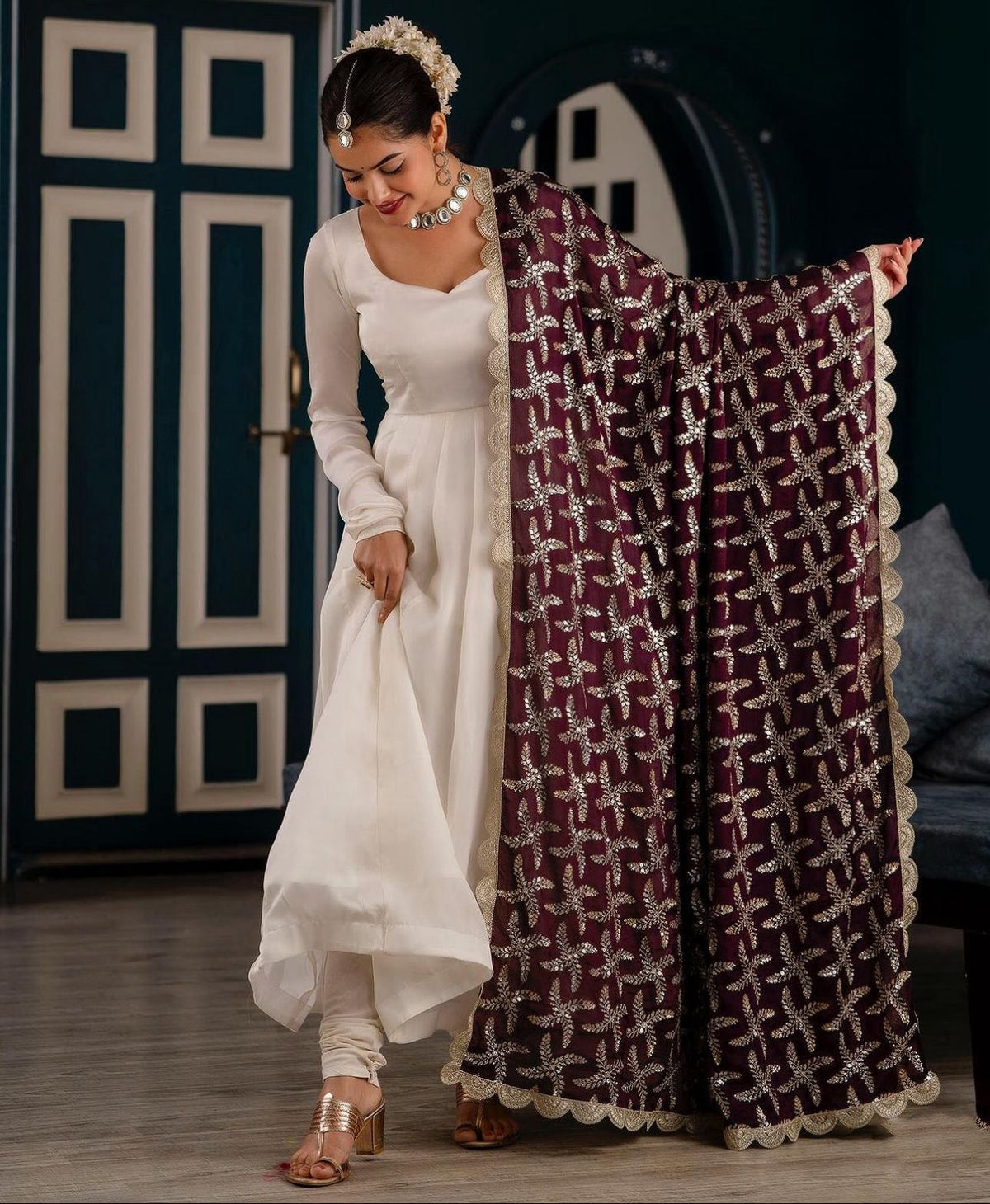 Plain White Color Gown With Heavy Embroidery Work Dupatta