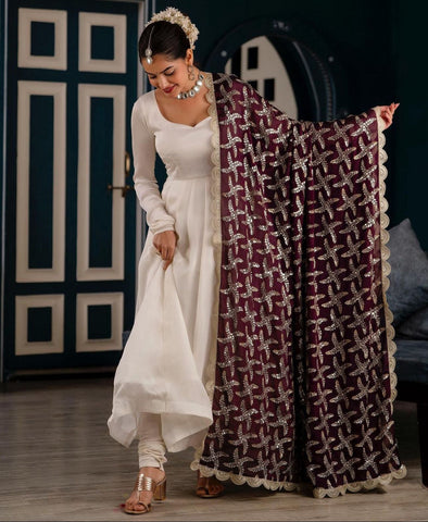 Plain White Color Gown With Heavy Embroidery Work Dupatta