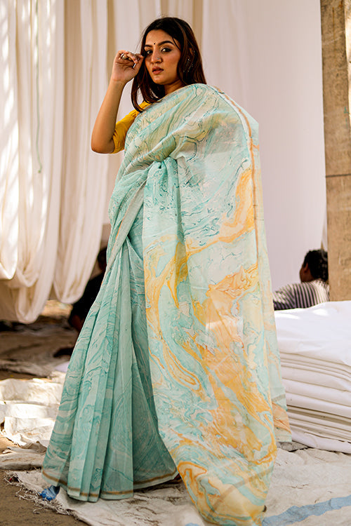 Designer Sky Blue Color Cotton Lilen With Digital Printed Saree