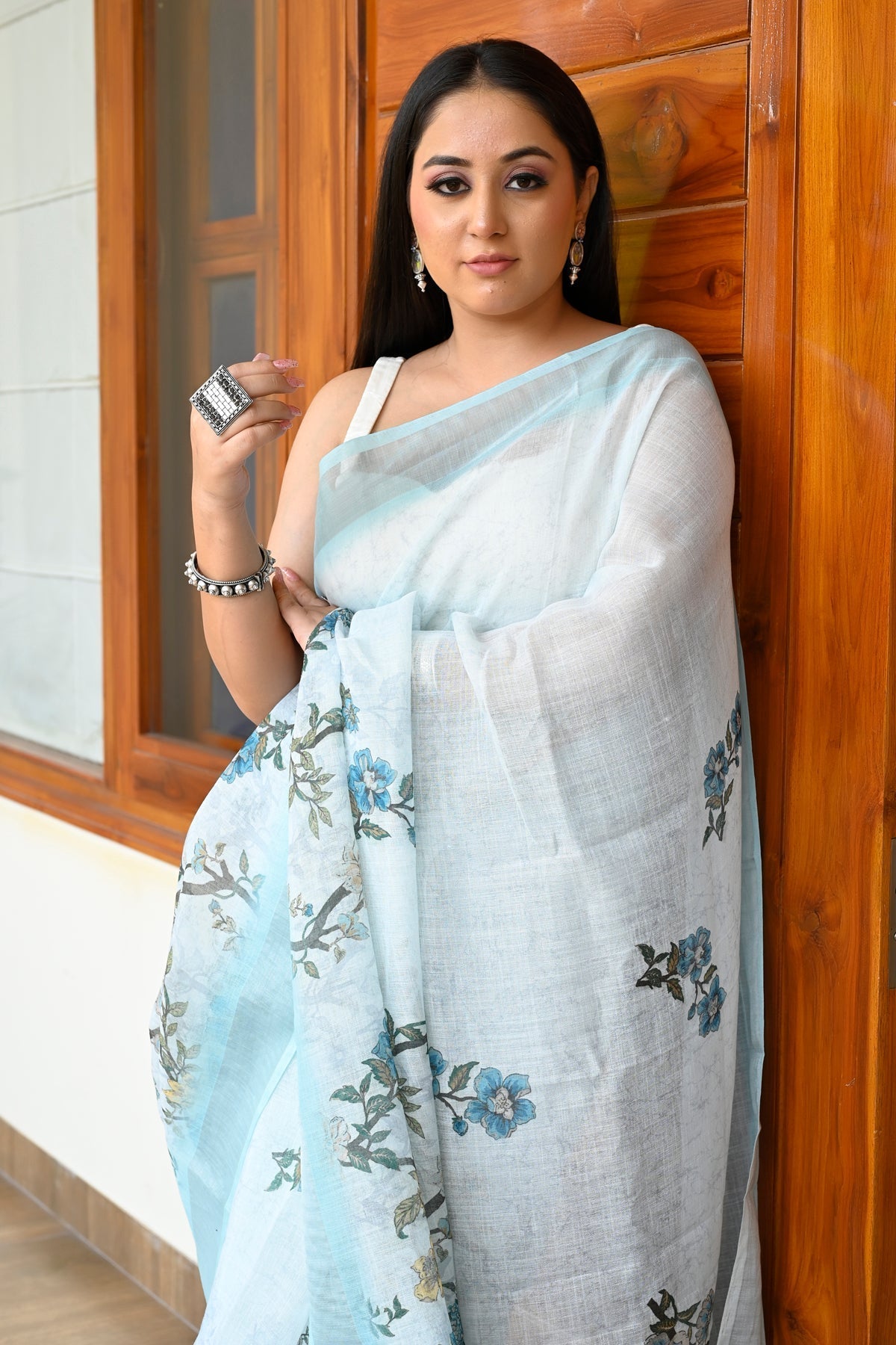 Stylish Sky Blue Color Pure Cotton Lilen With Digital Printed Designer Saree