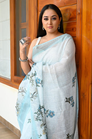 Stylish Sky Blue Color Pure Cotton Lilen With Digital Printed Designer Saree