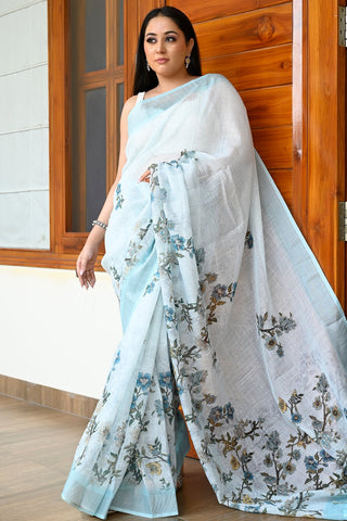 Stylish Sky Blue Color Pure Cotton Lilen With Digital Printed Designer Saree