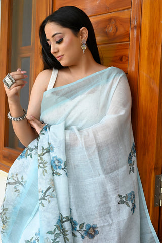 Stylish Sky Blue Color Pure Cotton Lilen With Digital Printed Designer Saree