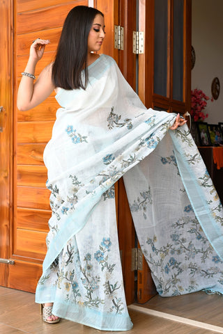 Stylish Sky Blue Color Pure Cotton Lilen With Digital Printed Designer Saree