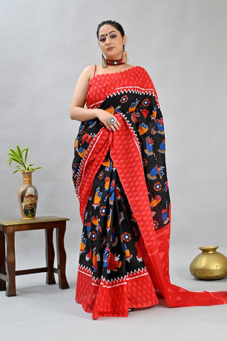 Casual Wear Black Color Pure Cotton Lilen With Digital Printed Designer Saree