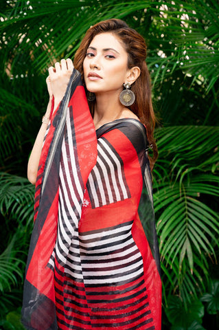 Lovely Black And Red Color Pure Cotton Lilen With Digital Printed Designer Saree