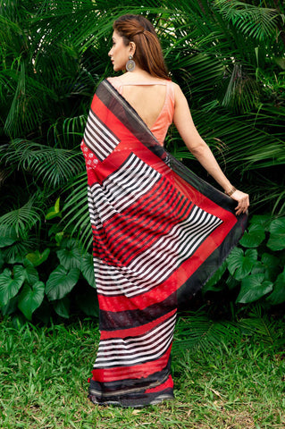 Lovely Black And Red Color Pure Cotton Lilen With Digital Printed Designer Saree