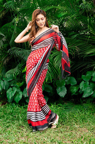 Lovely Black And Red Color Pure Cotton Lilen With Digital Printed Designer Saree