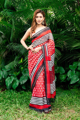 Lovely Black And Red Color Pure Cotton Lilen With Digital Printed Designer Saree
