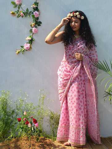 Exclusive Baby Pink Color Pure Cotton Lilen With Digital Printed Designer Saree